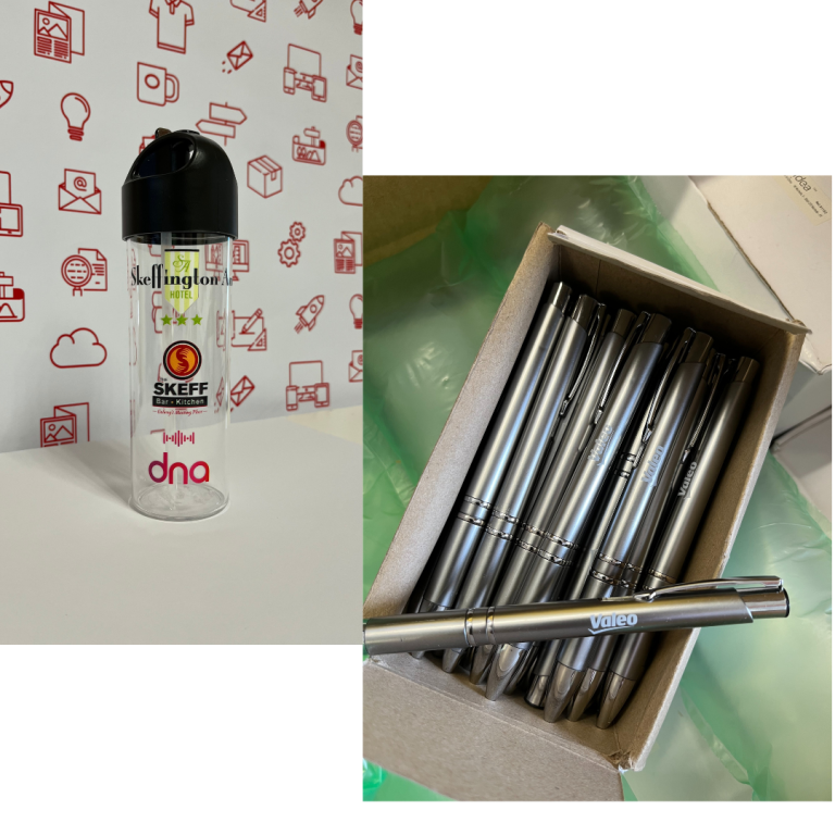 Branded merchandise pens and bottles custom printed