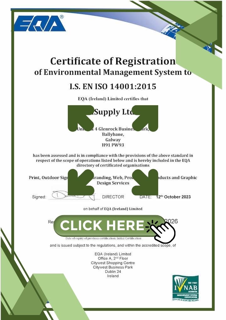 iSupply's ISO 14001 certificate showing a commitment ent to sustainable printing