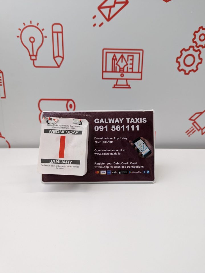 Custom branded merchandise - example of a branded calendar for Galway Taxies